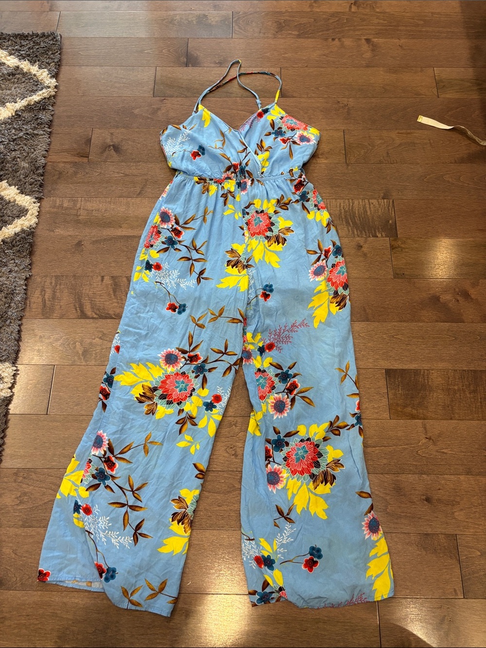 Light Blue Floral Wide-Leg Romper with Adjustable Straps